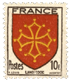 French 10 centimes stamp, 1944, showing the coat of arms of the Languedoc French 10 centimes stamp, 1944, showing the coat of arms of the Languedoc